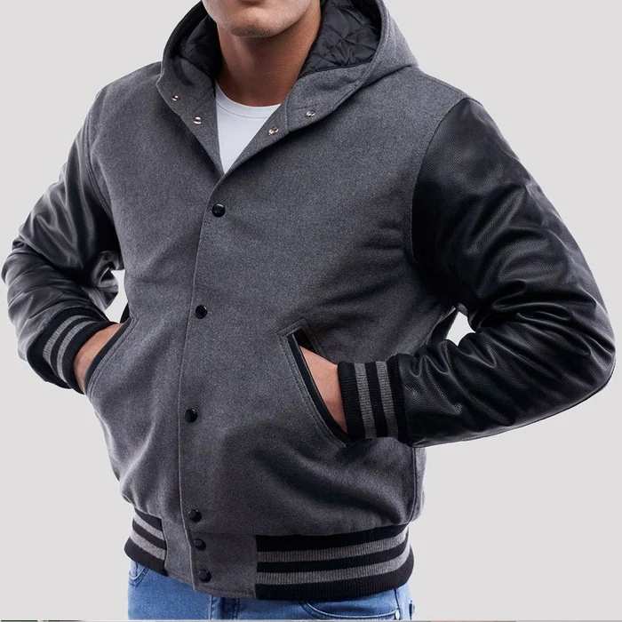Light Oxford Wool Varsity Jacket & Black Leather Sleeves Hoodie