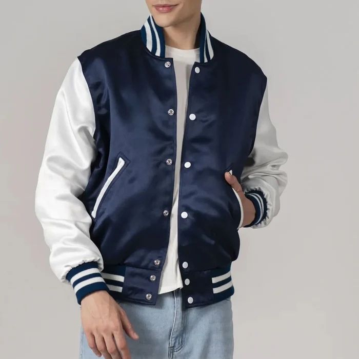 Navy Blue Satin And White Sleeves Varsity Jacket