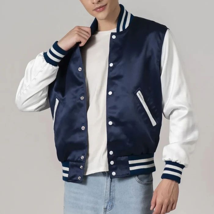 Navy Blue Satin And White Sleeves Varsity Jacket
