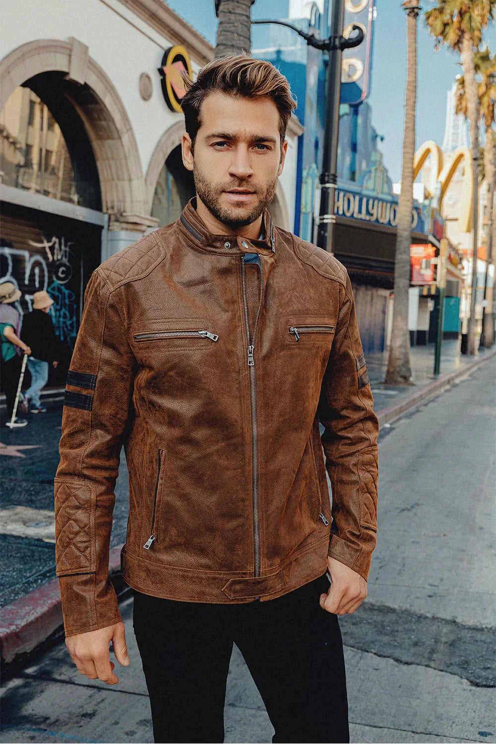Denver Men’s Brown Bomber Leather Jacket Aviator with Removable Collar