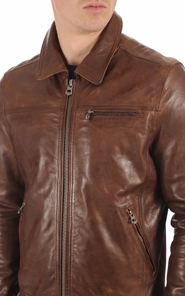 Men’s Cognac Shirt Collar Genuine Leather Jacket