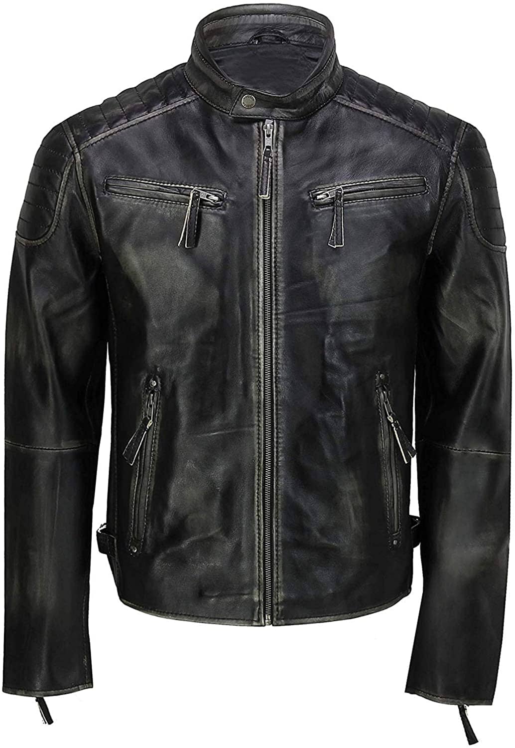 Men's Black Distressed Cafe Racer Leather Jacket