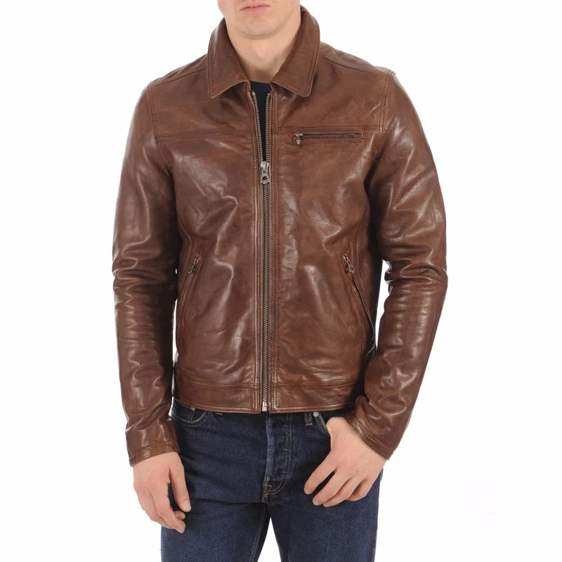 Men’s Cognac Shirt Collar Genuine Leather Jacket