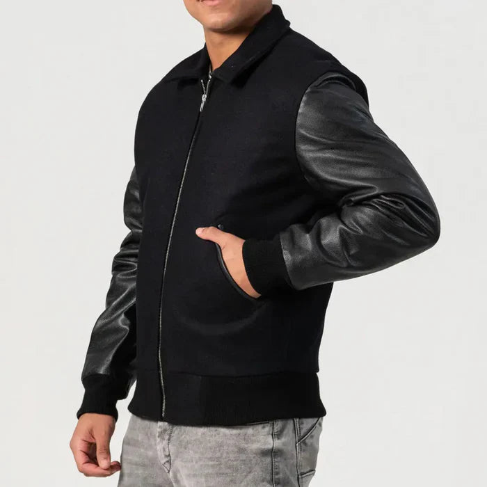 Black Wool Varsity Jacket with Leather Sleeves Zipper Style Byron Collar
