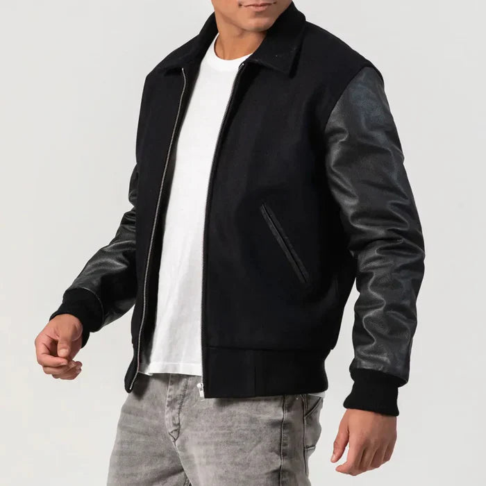 Black Wool Varsity Jacket with Leather Sleeves Zipper Style Byron Collar