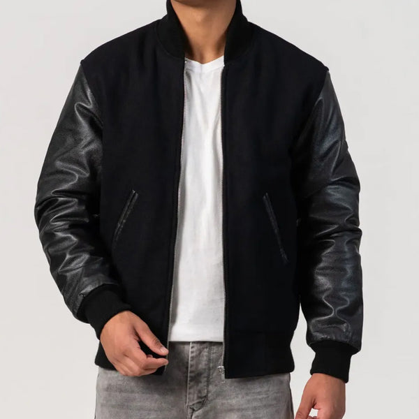 Black Wool Varsity Jacket with Leather Sleeves Zipper Style Byron Collar