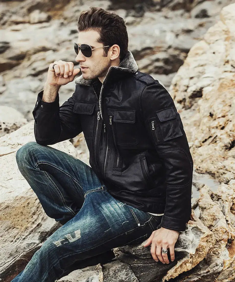 Aurora Men's Black Sheepskin Leather Faux Shearling Jacket