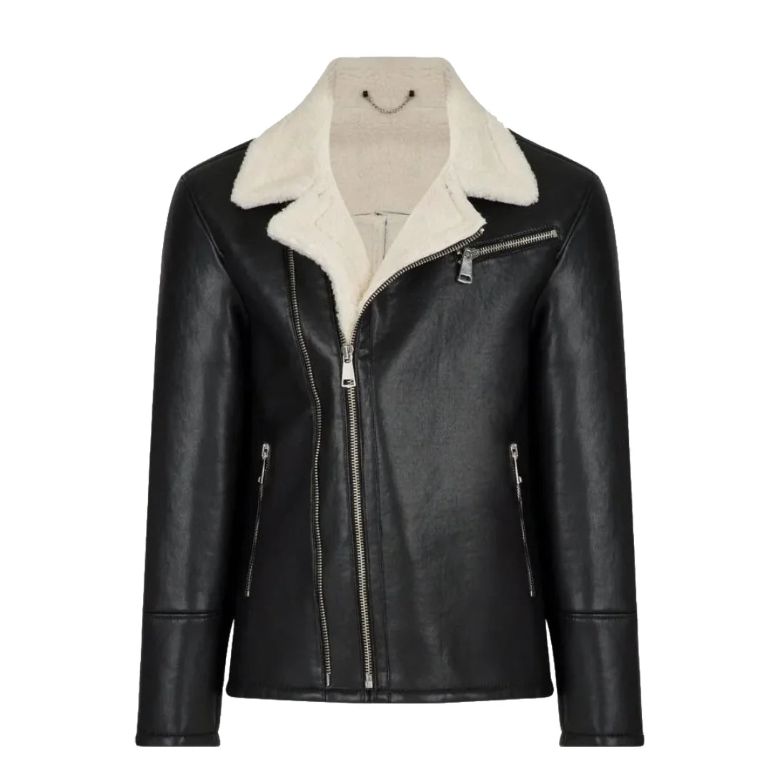 Black Moto Style Real Shearling Leather Jacket