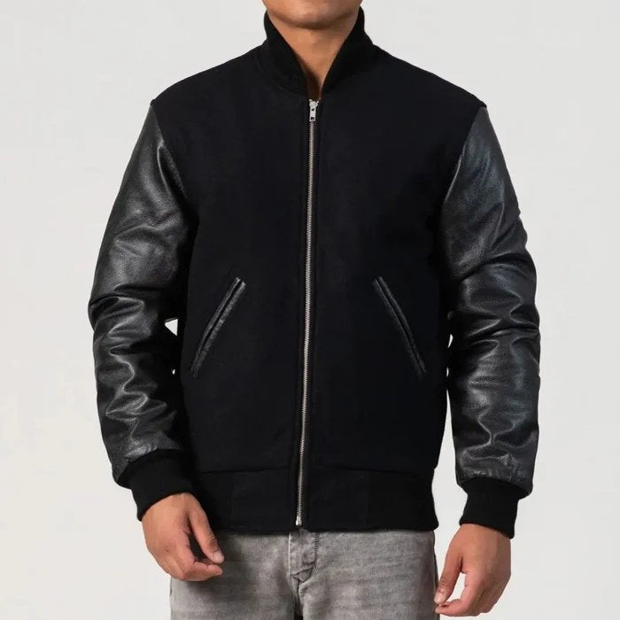 Black Wool Body & Cowhide Leather Sleeves Zipper Varsity Jacket
