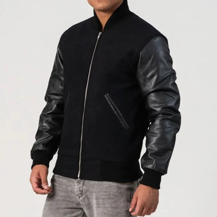 Black Wool Body & Cowhide Leather Sleeves Zipper Varsity Jacket
