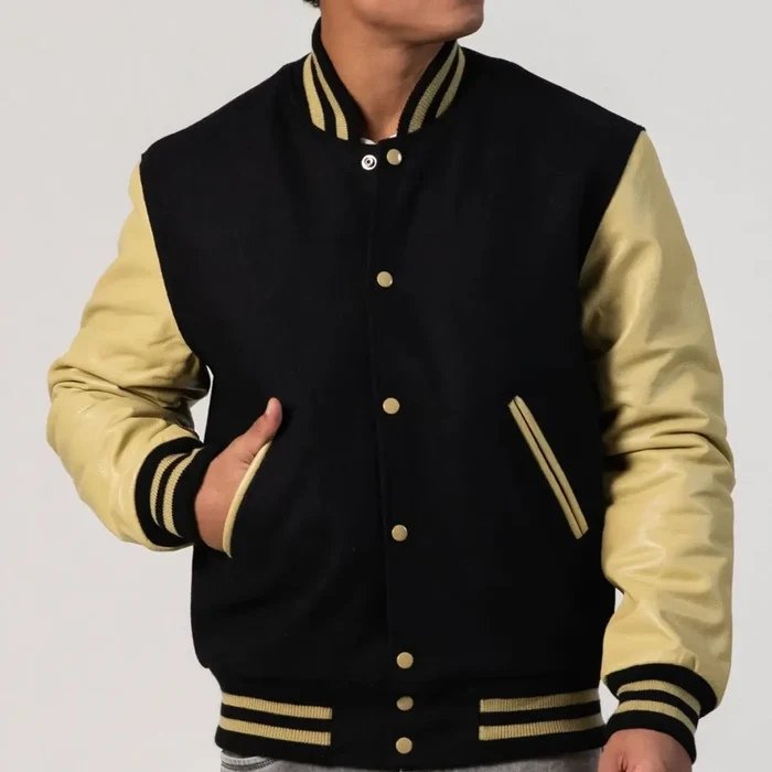 Black Wool Varsity Jacket & Vegas Gold Leather Sleeves