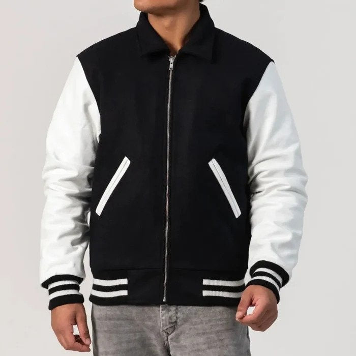 Black Wool Body & White Leather Sleeves Zipper Varsity Jacket