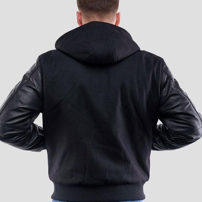 Black Wool Body & Black Leather Sleeves Hoodie Varsity Jacket