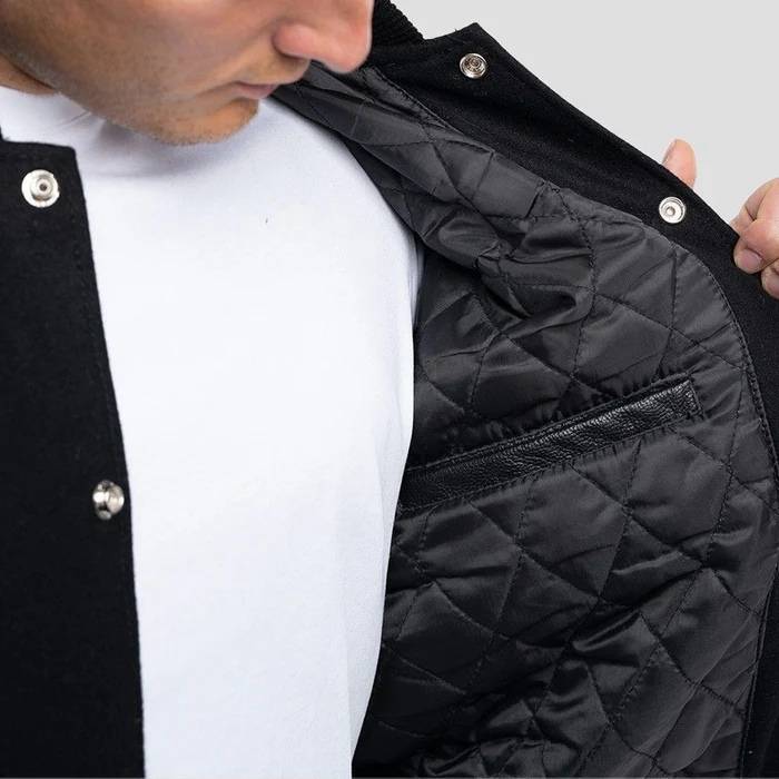 Black Wool Varsity & Black Leather Sleeves with Orange Stripes Jacket