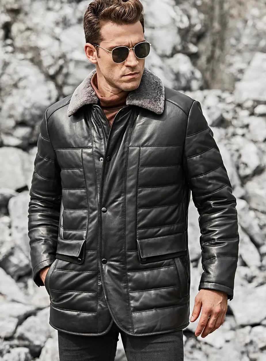Boston Men's Black Real Leather Puffer Coat with Fur Collar