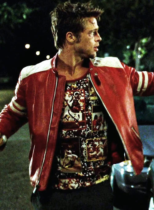 Brad Pitts Tyler Durden Fight Club Mayhem Red & White Leather Jacket (Inspired Style)