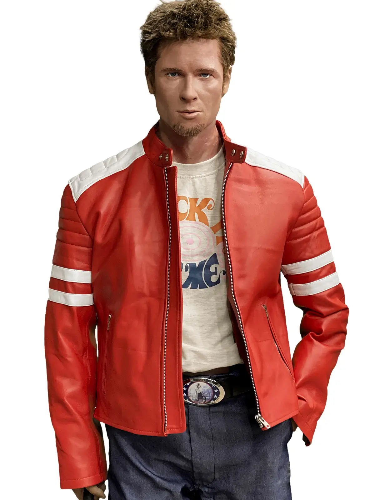 Brad Pitts Tyler Durden Fight Club Mayhem Red & White Leather Jacket (Inspired Style)