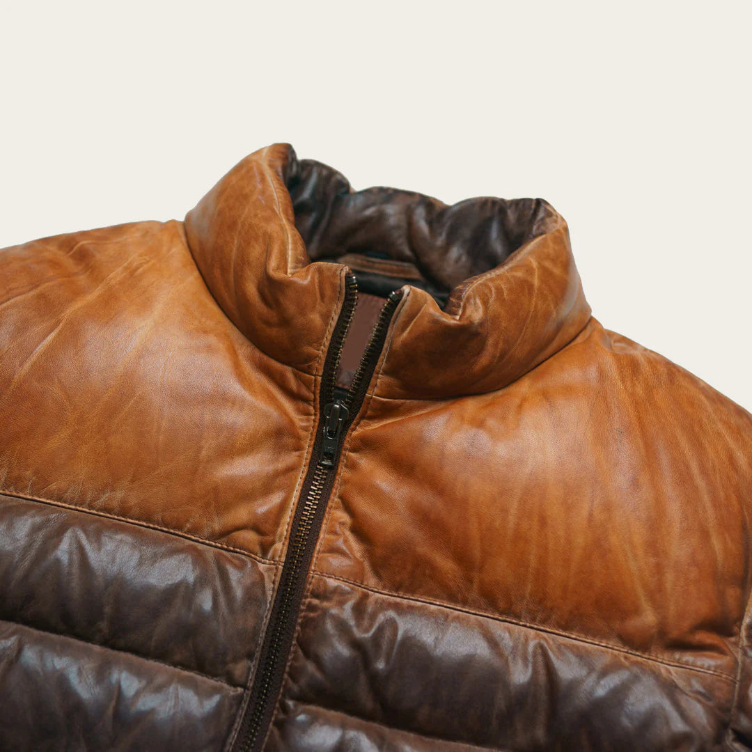 Bridger Men's Tan and Brown Leather Puffer Jacket