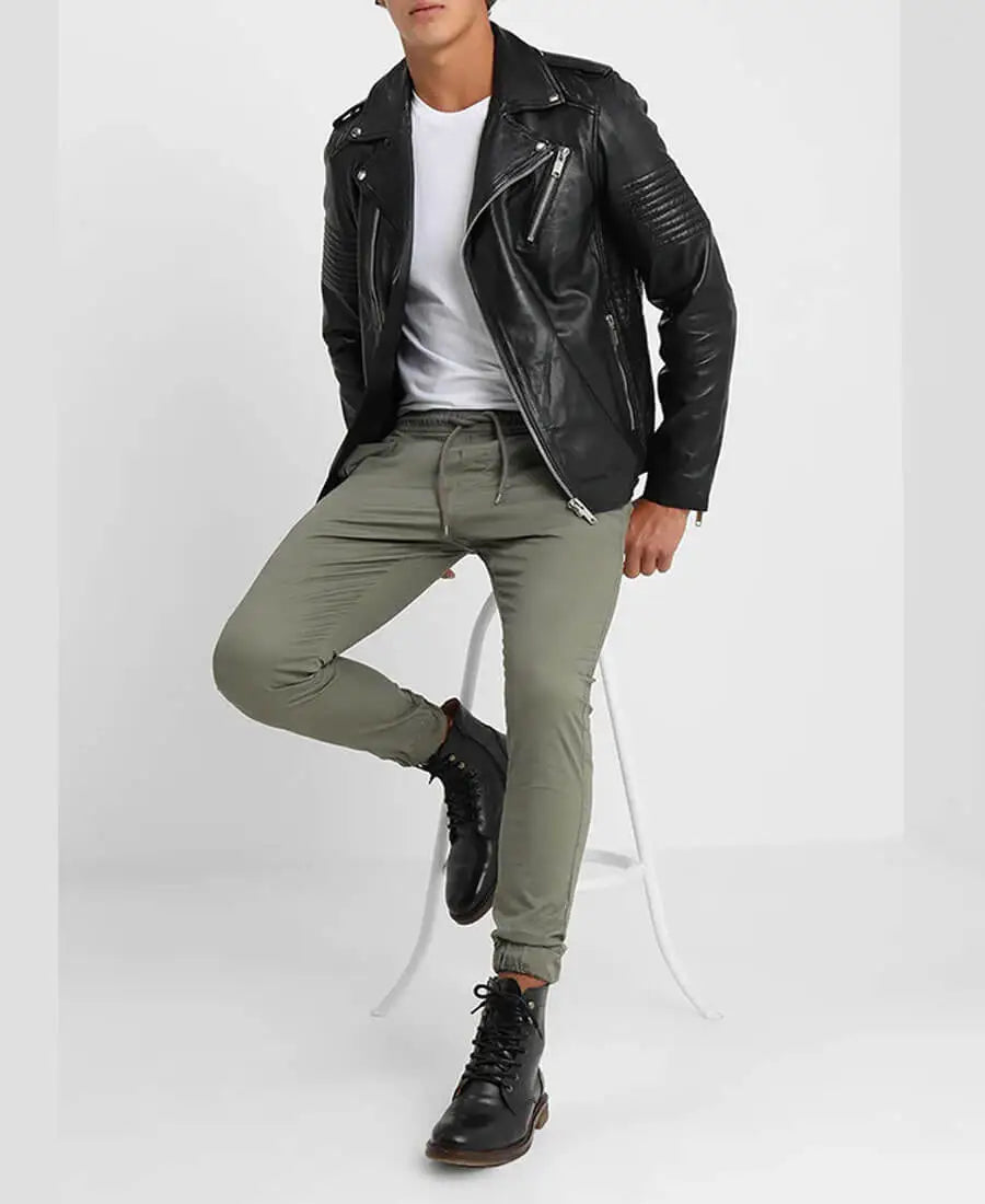 Bryon Black Asymmetrical Belted Biker Leather Jacket