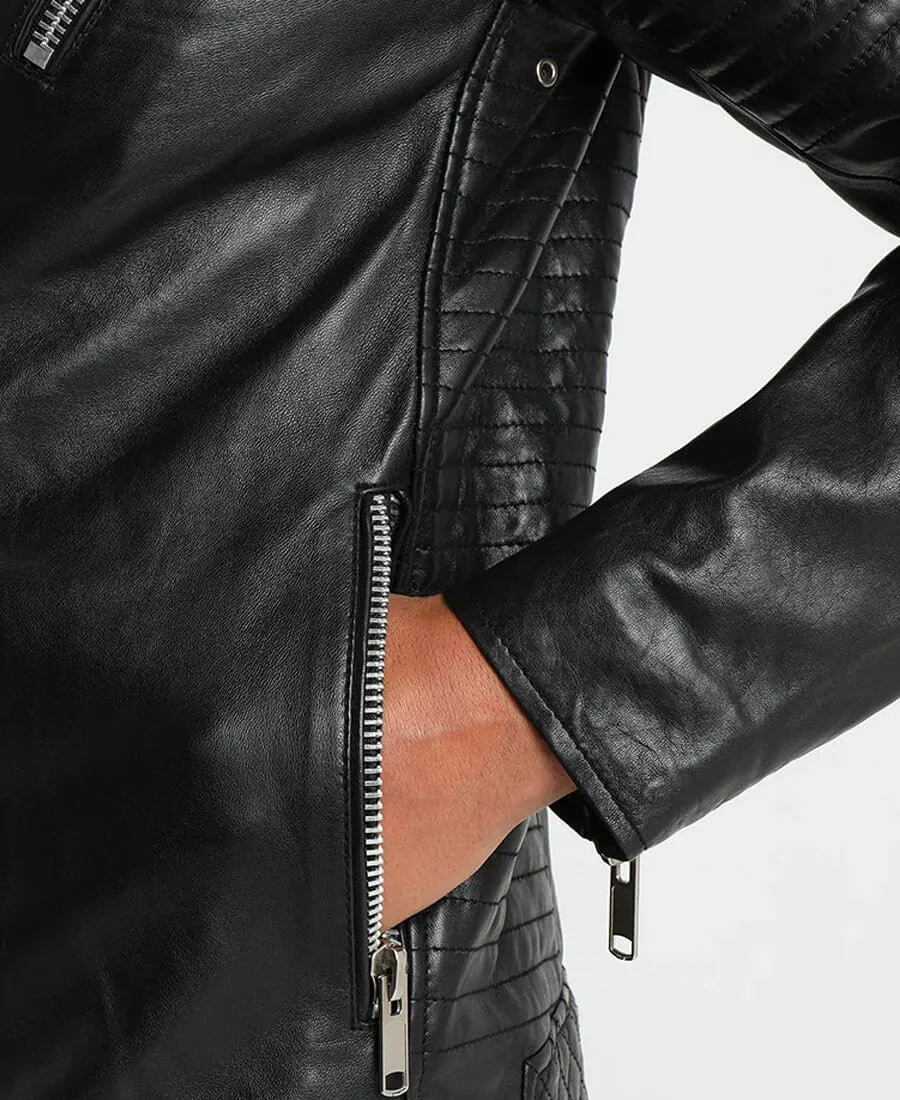 Bryon Black Asymmetrical Belted Biker Leather Jacket