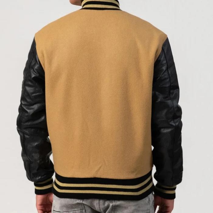 Camel Wool Body & Black Leather Sleeves Varsity Jacket