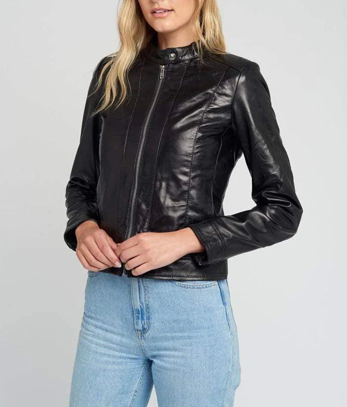 Womens Jami Classic Black Cafe Racer Leather Jacket