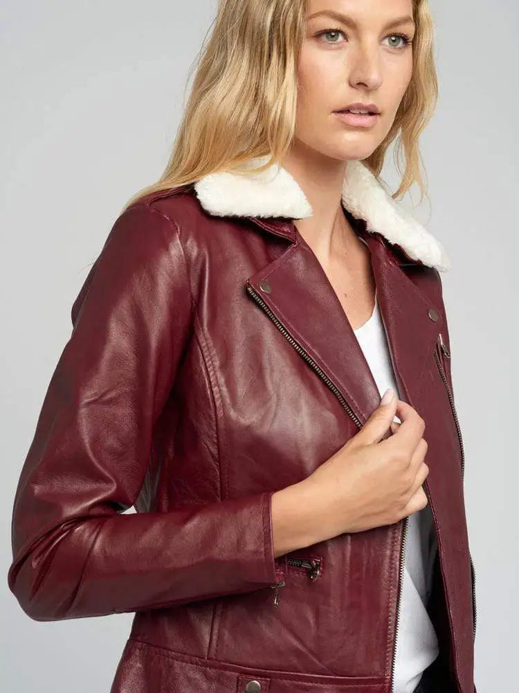 Womens Shearling Fur Collared Maroon Biker Leather Jacket