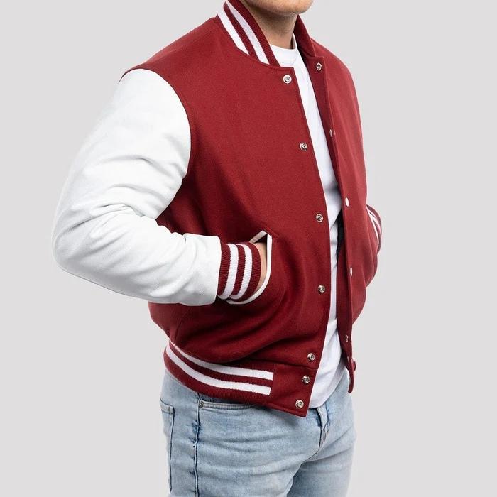 Deep Red Wool Body & Bright White Leather Sleeves Varsity Jacket