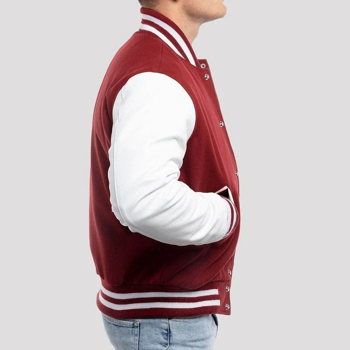 Deep Red Wool Body & Bright White Leather Sleeves Varsity Jacket