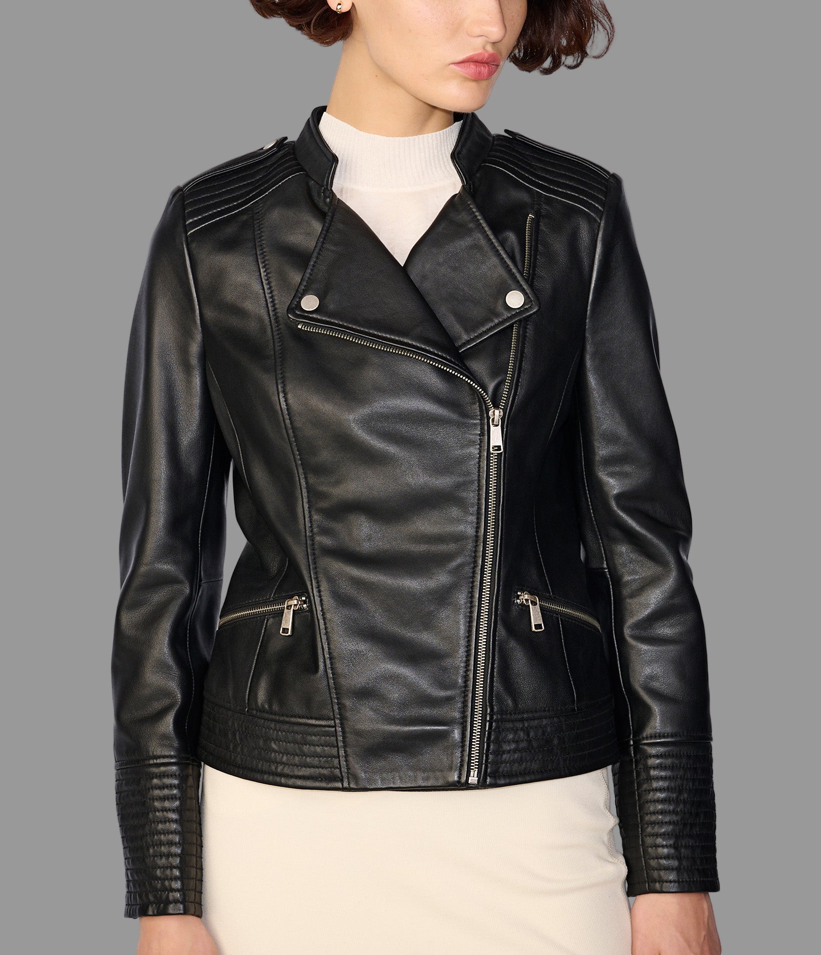 Monica Asymmetrical Leather Moto Jacket
