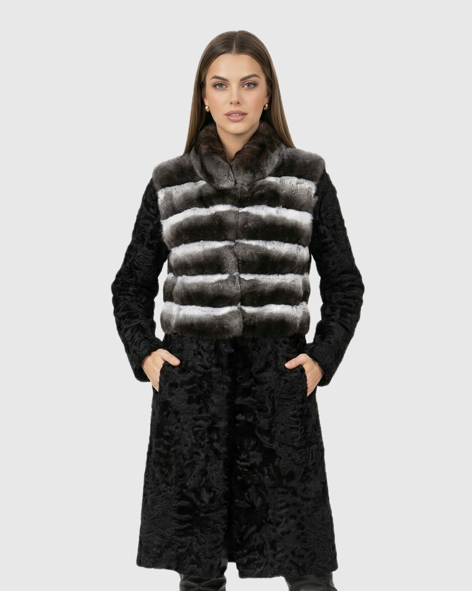 Chinchilla and Lamb Short Coat with Stand Collar Gorski First Copy