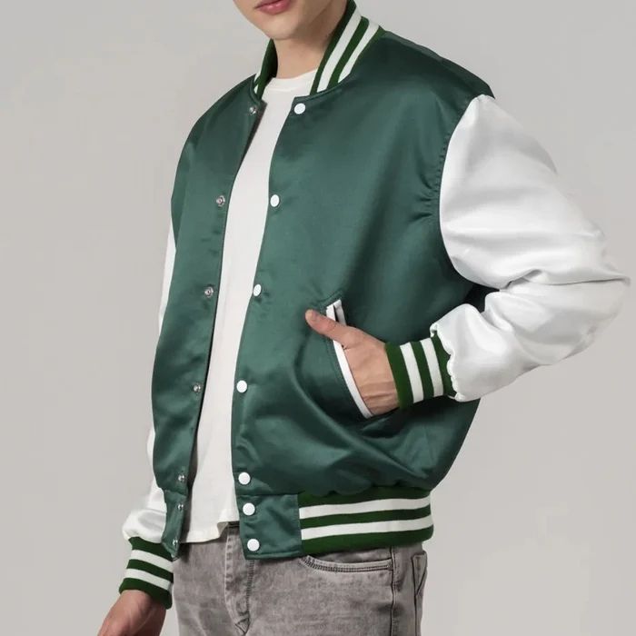 Green Satin And White Sleeves Varsity Jacket