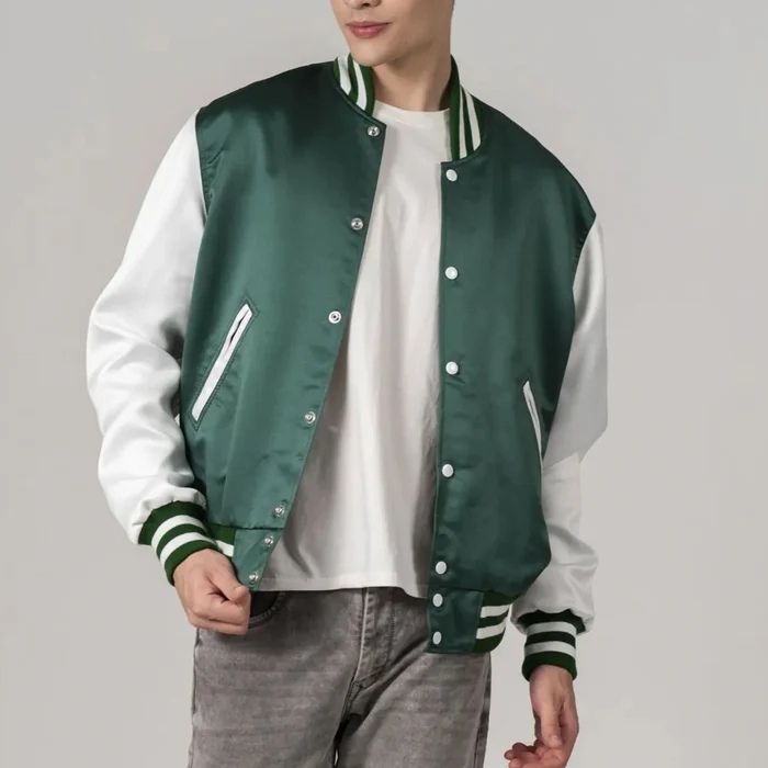 Green Satin And White Sleeves Varsity Jacket
