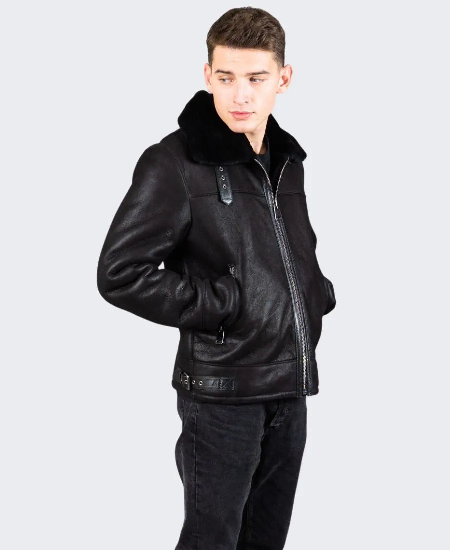 Men's Jet Black Sheepskin Shearling Leather Jacket