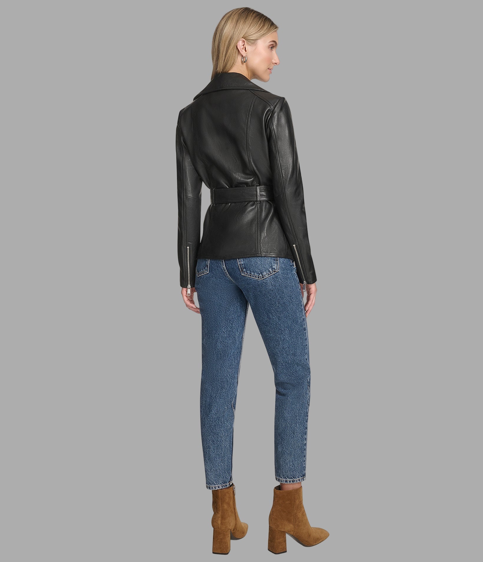 Violet Leather Belted Moto Jacket