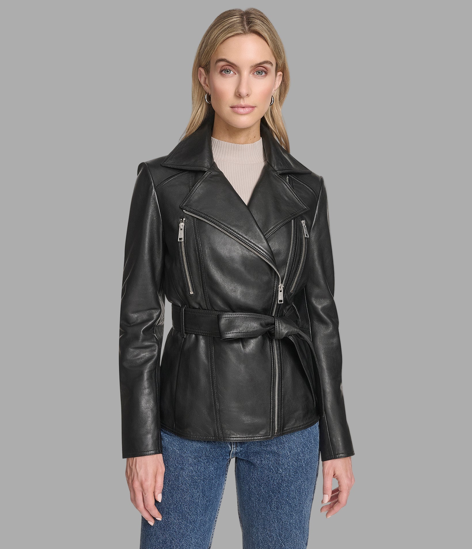 Violet Leather Belted Moto Jacket