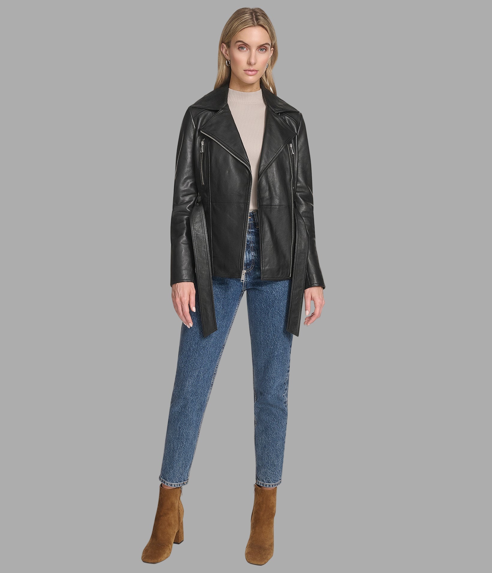 Violet Leather Belted Moto Jacket