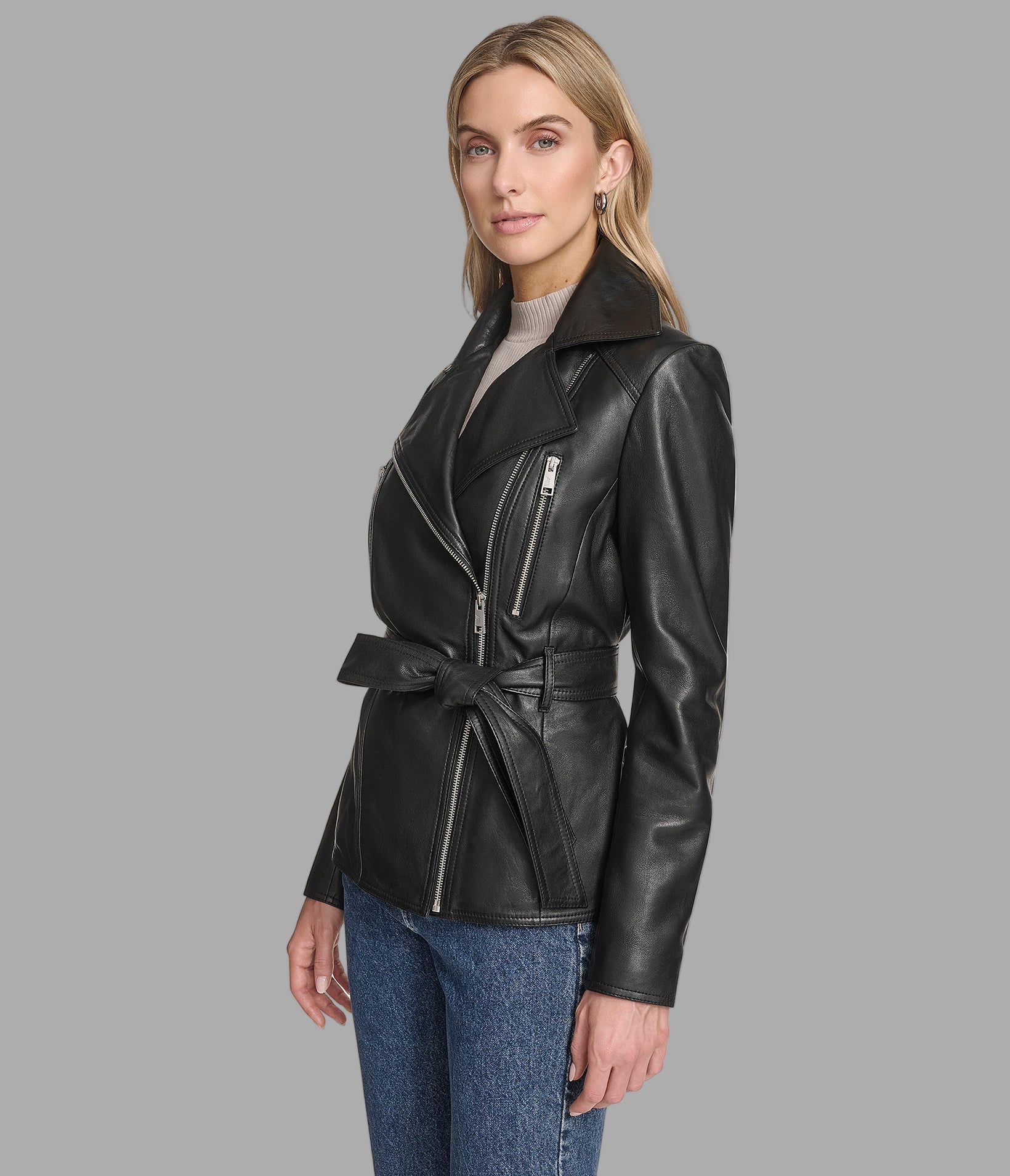 Violet Leather Belted Moto Jacket