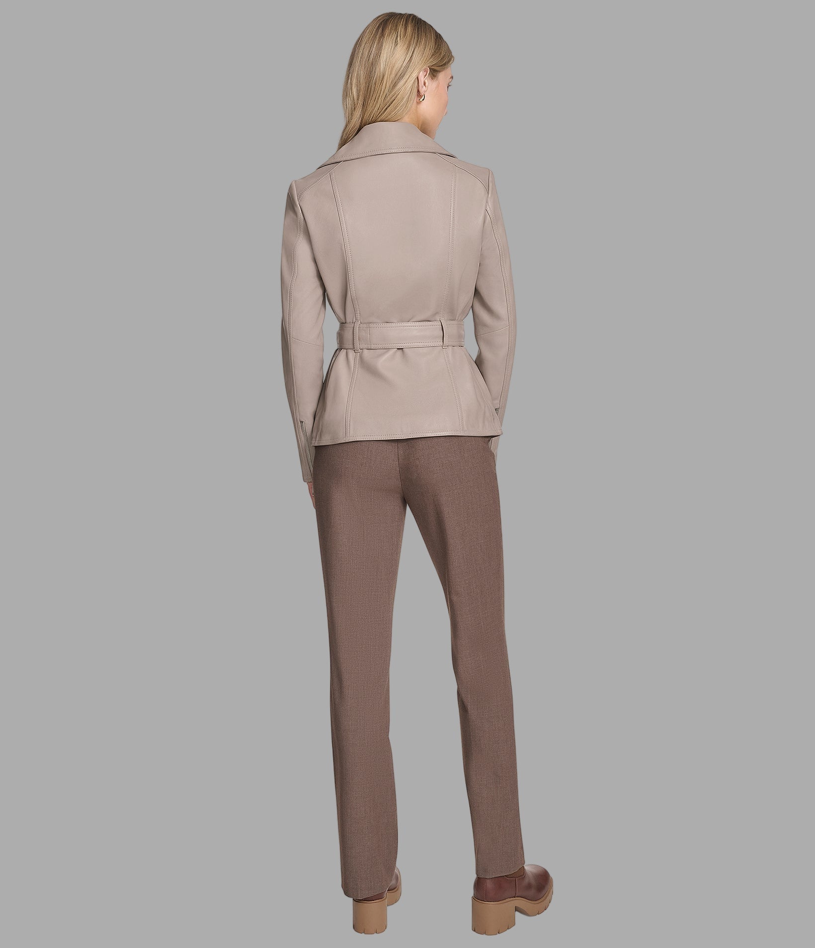 Violet Leather Belted Moto Jacket