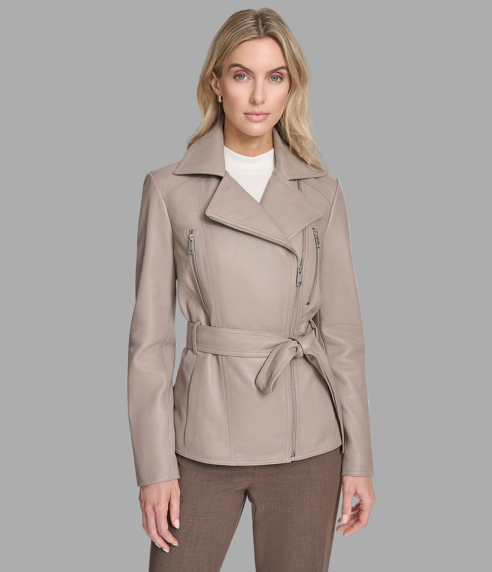 Violet Leather Belted Moto Jacket