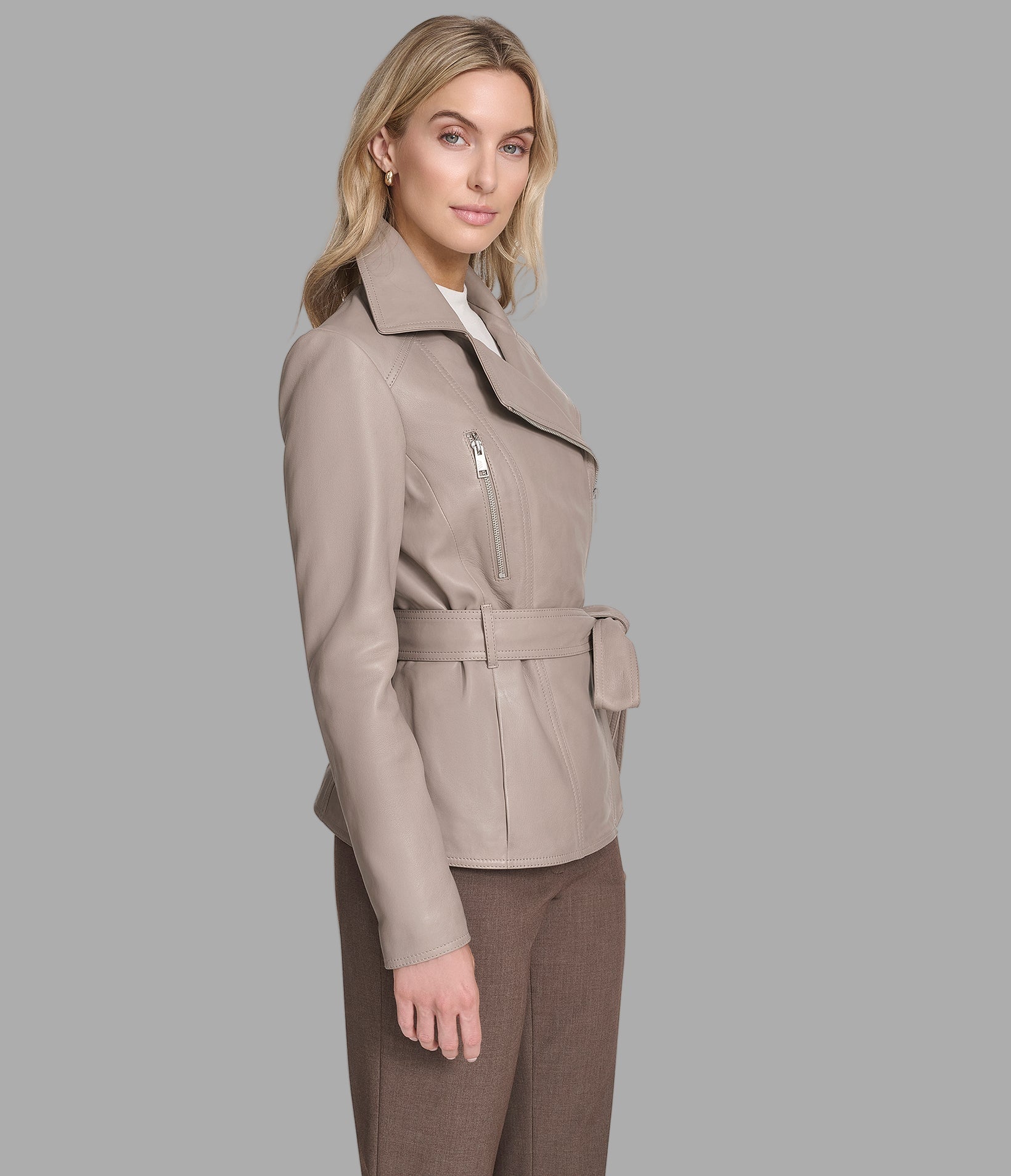 Violet Leather Belted Moto Jacket