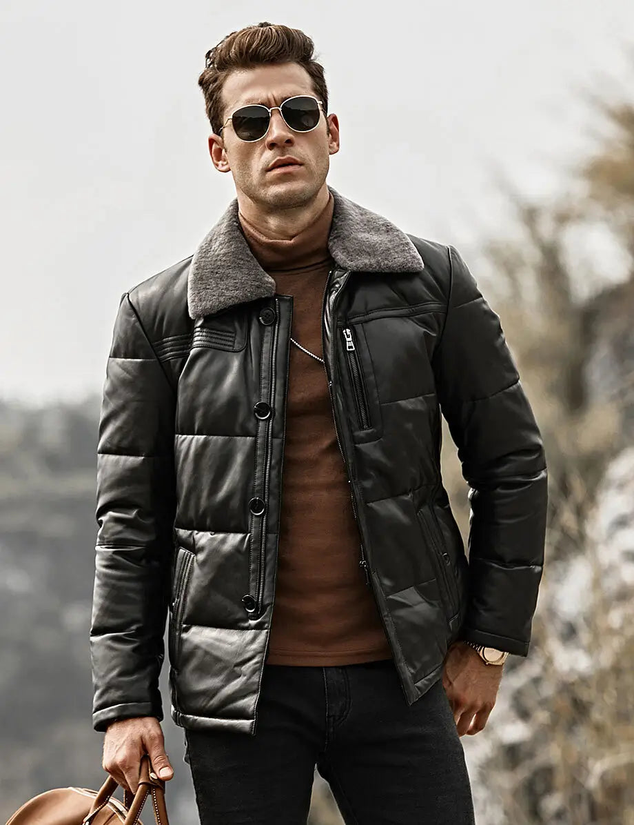 Memphis Men’s Black Real Leather Puffer Coat with removable Fur Collar