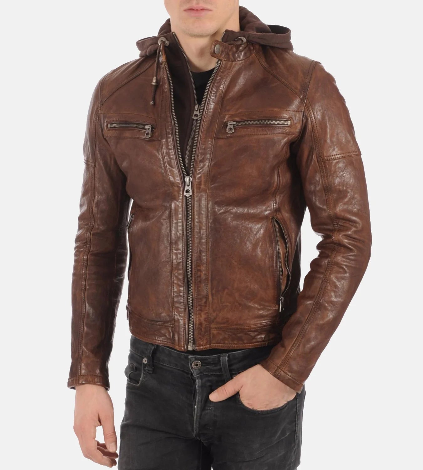 Men's Athens Cognac Removable Hoodie Genuine Leather Jacket