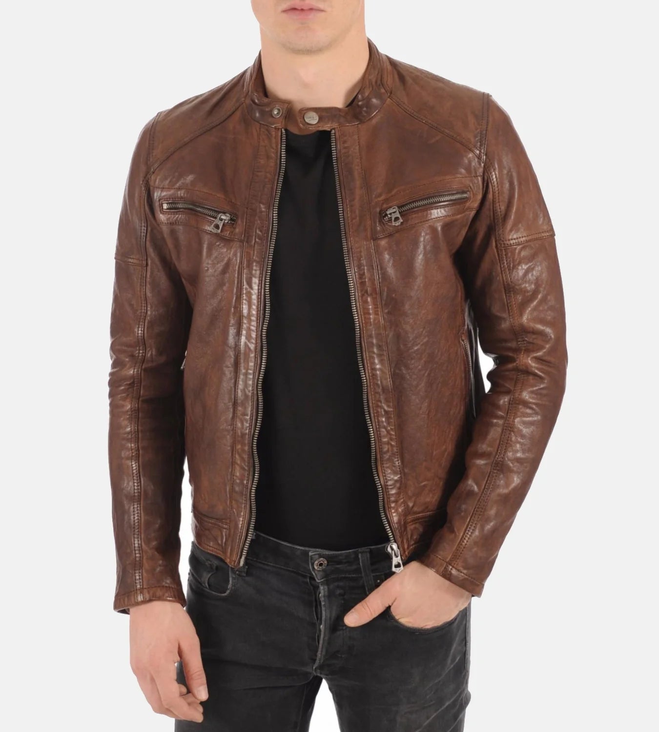 Men's Athens Cognac Removable Hoodie Genuine Leather Jacket