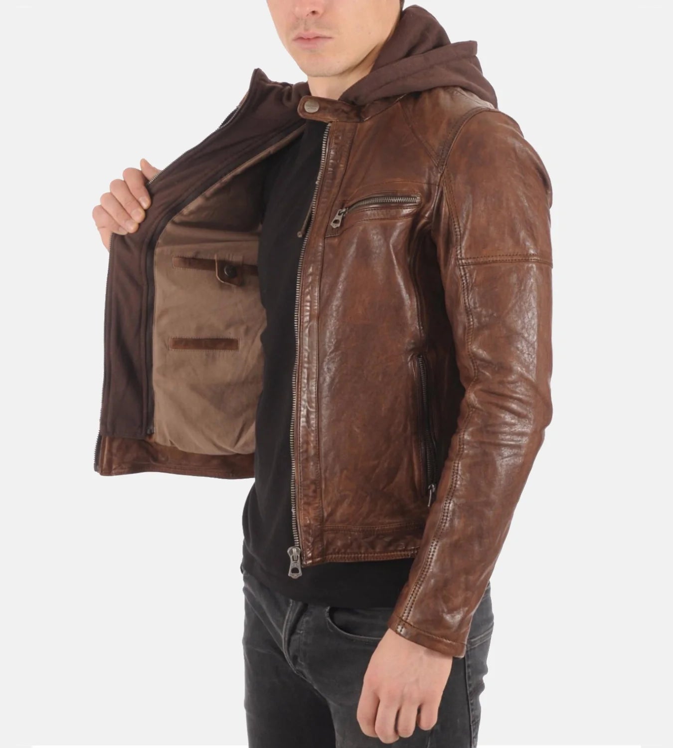 Men's Athens Cognac Removable Hoodie Genuine Leather Jacket