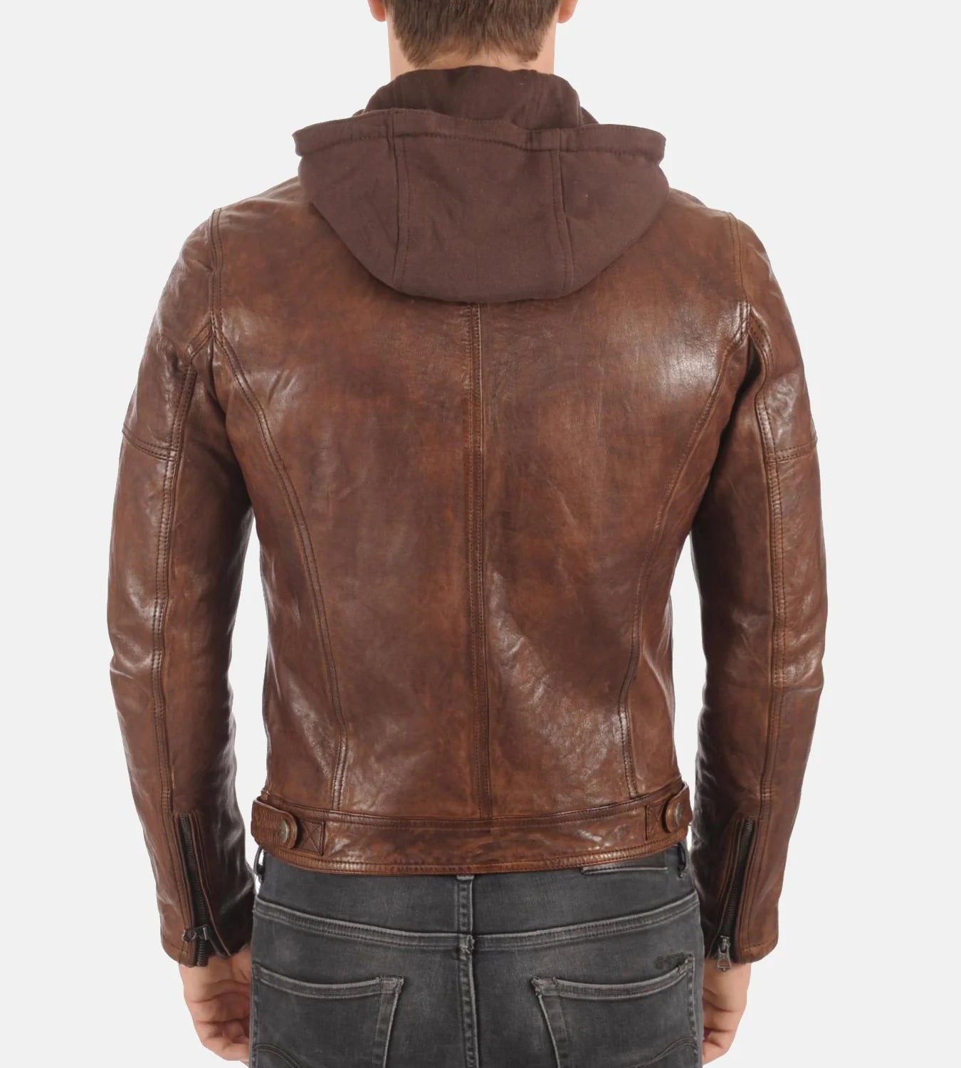 Men's Athens Cognac Removable Hoodie Genuine Leather Jacket