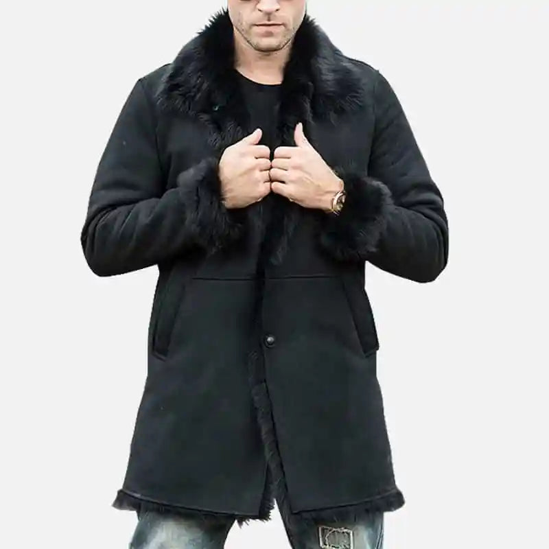 Men’s Black Shearling Fur Suede Leather Trench Coat
