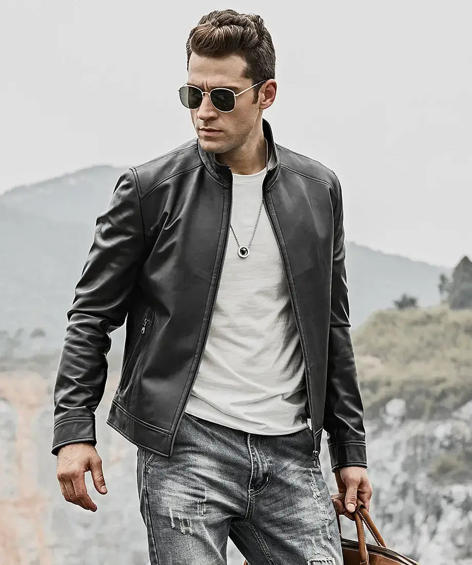 Men's Classic Black Real Leather Moto Jacket