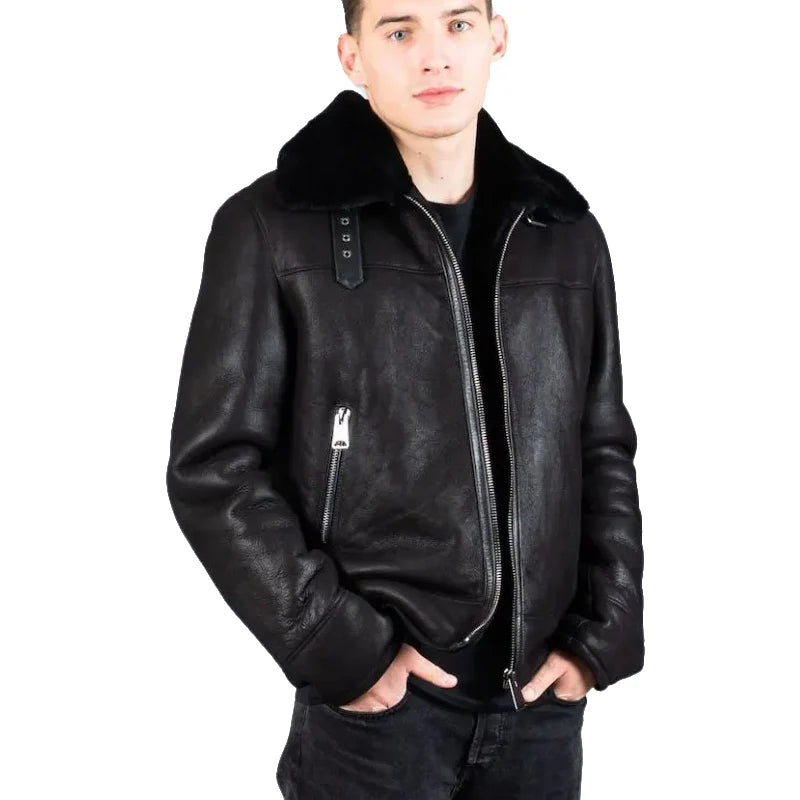 Men's Jet Black Sheepskin Shearling Leather Jacket