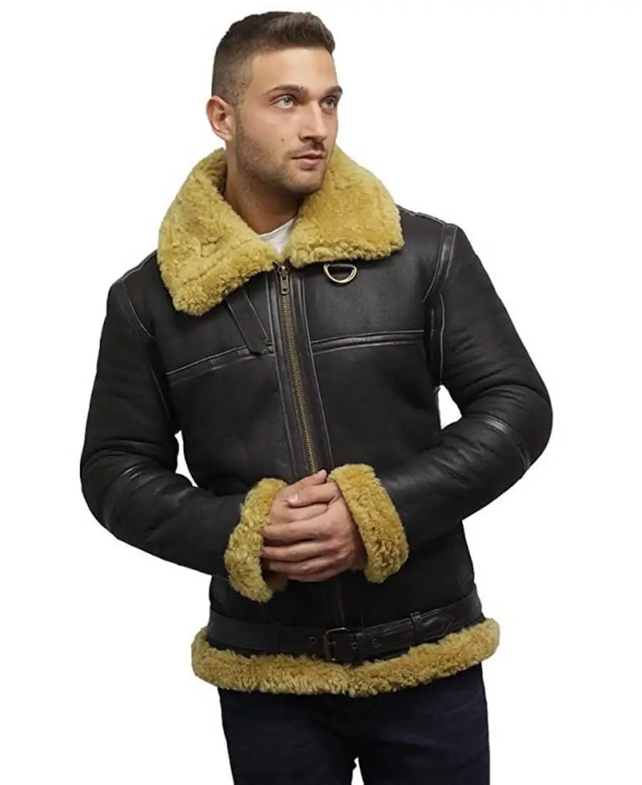 Men’s Faux Shearling Sheepskin Bomber Leather Jacket